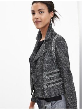 Banana Republic Black White Tweed Motorcycle Jacket Blazer